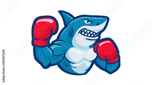 Aggressive cartoon shark boxer mascot with red gloves, muscular character illustration, strong fighter vector graphic