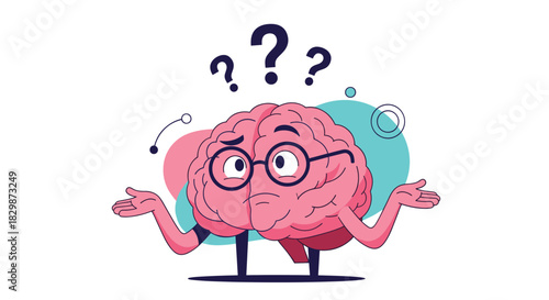 A confused pink brain character wearing glasses shrugs its shoulders with question marks above its head, symbolizing doubt or a complex problem.