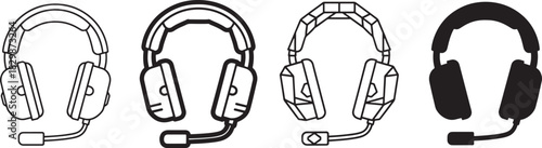 Vector illustration set of professional and gaming headsets with integrated microphones, perfect for audio, communication, and technology graphics. Vector