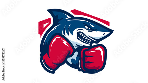 Fierce Boxing Shark Mascot Illustration in Red Gloves - Aggressive Cartoon Animal Character for Sport and Competition Design