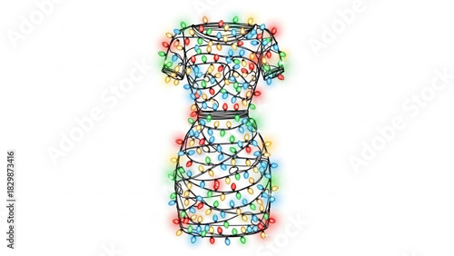 Festive holiday vibes: Outline of a dress adorned with colorful Christmas lights, perfect for seasonal promotions and cheerful designs, originally vector