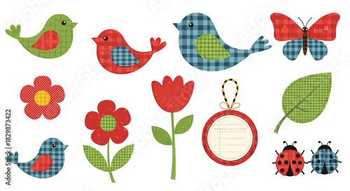 A charming collection of spring and garden-themed scrapbook elements, featuring birds, flowers, a butterfly, and ladybugs in a cheerful patchwork style.