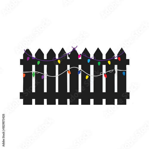 Black picket fence with colorful Christmas lights vector
