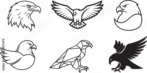Diverse black and white eagle vector illustrations, majestic birds of prey in various artistic styles representing strength, freedom, and power concepts. Vector