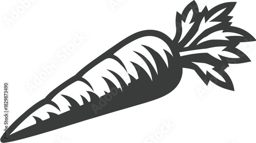 Stylized black and white carrot illustration with leafy top. Healthy vegetable root graphic design element for food concepts.