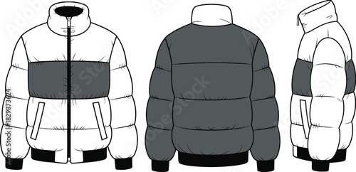 Puffer jacket fashion illustration, front back and side views, insulated winter outerwear design template for apparel branding, clothing mockup, technical drawing reference