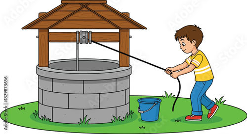 Child operating water well, cartoon pulley system sketch, traditional bucket drawing, rural technology vector, educational interaction scene concept