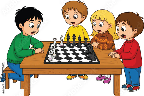 Children playing chess, cartoon strategy scene, intellectual activity illustration, social learning vector, focused game moment, educational table sketch
