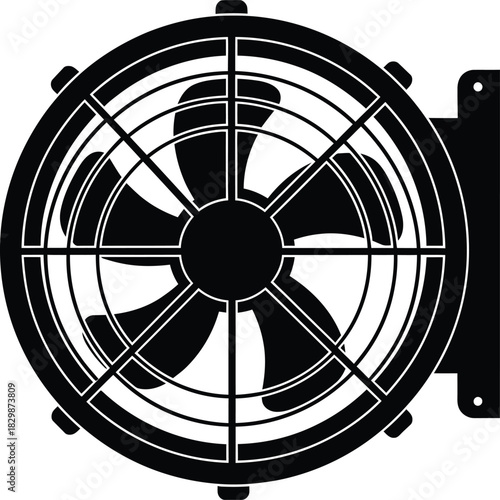 Close up view of a black electric fan with multiple blades and protective grill silhouette
