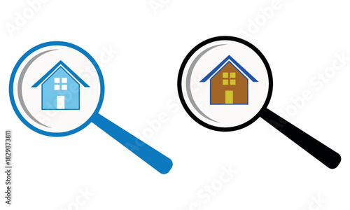 Real estate house search icon with magnifying glass symbol
