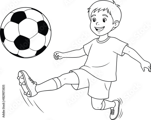Child kicking soccer ball, black and white sports sketch, cartoon football motion, joyful play vector, athletic action drawing, outline art
