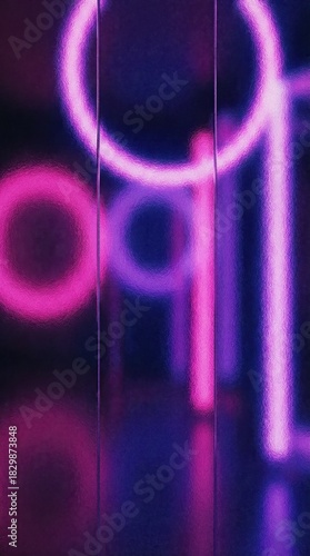Vertical abstract background featuring pink and purple neon circles seen through textured ribbed glass, perfect for social media stories and cyberpunk designs.