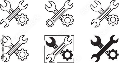 Wrench and gear icon set for settings, service, and maintenance. collection of repair and engineering tools vector graphic design. Vector