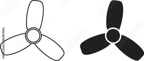Simple line drawing and solid black silhouette of a three blade fan