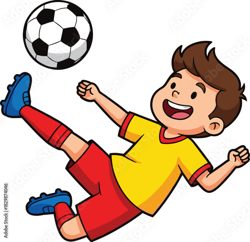 Child playing soccer, cartoon kicking motion, joyful sports illustration, mid-air action vector, energetic football moment, youth athletic design