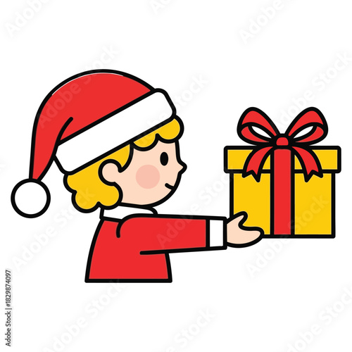Child in a Santa outfit offering a yellow gift box with a red ribbon in a cheerful minimalist flat illustration
