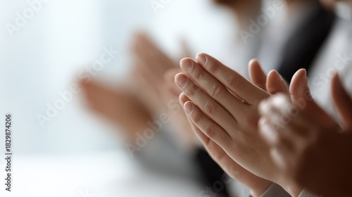 team of business professionals clapping in meeting, close-up on hands, appreciation and encouragement at workplace