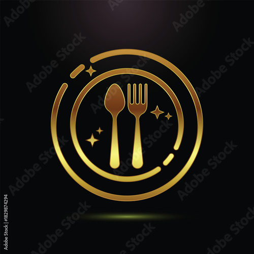 Golden spoon and fork on plate for restaurant concept