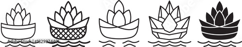 Stylized lotus flower lanterns floating on water in a row, line art illustration set with diverse designs and solid black icon. Vector