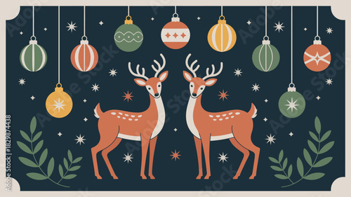 Two deer with christmas ornaments and stars on a dark blue background in a decorative frame