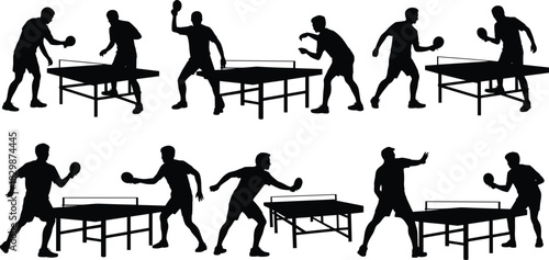 Table tennis silhouettes, ping pong action, paddle poses, dynamic movement, sports technique, black vector, athletic stance, indoor game, fast reflex, serve return