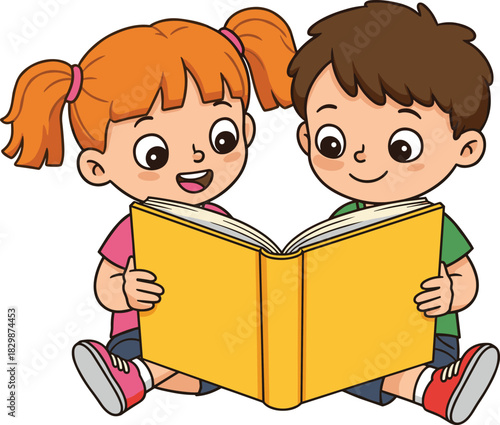 Cartoon kids reading, cheerful learning moment, book sharing illustration, sitting children vector, educational scene, friendship concept, colorful character design