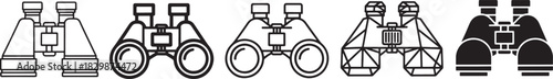 Collection of linear binoculars icons representing vision, exploration, discovery, and observation tools. various styles for travel and optical themes. Vector