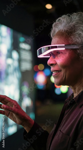 Vertical close-up of a smiling senior Black woman using augmented reality glasses to interact with a digital museum exhibit, symbolizing lifelong learning and tech-savvy aging