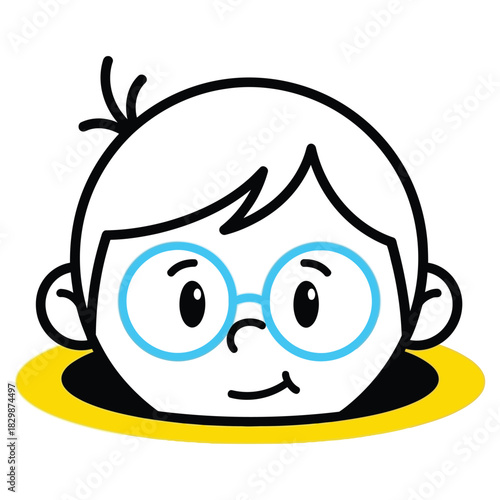 Child peeking through a yellow circular hole wearing blue glasses in a cheerful minimalist flat illustration on a white background