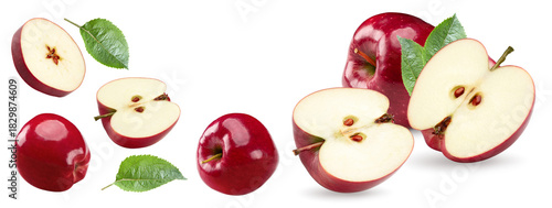 half of red apple with green leaf isolated on white background. clipping path