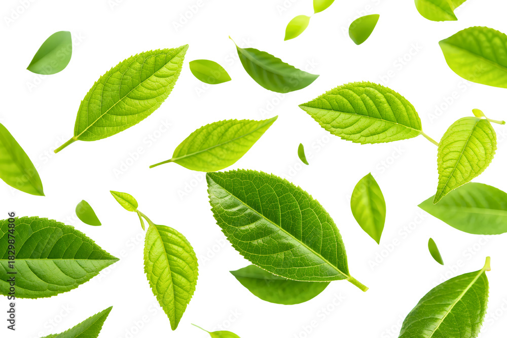 Fototapeta premium Leaves in the wind, flying fresh green leaves on transparent.