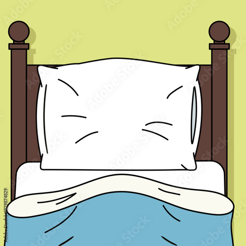 Bed empty with white pillow and blue blanket. Sleep and rest concept. Bedroom object graphic illustration for relaxation and comfortable night.
