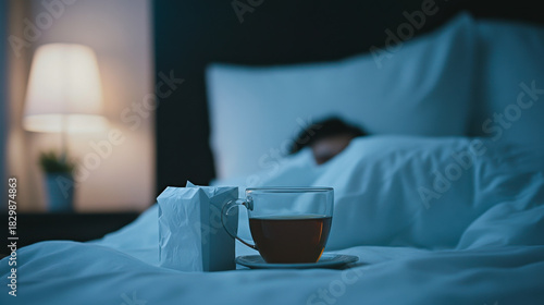 Warm tea and tissues beside a sick person resting in bed during morning light in a cozy bedroom