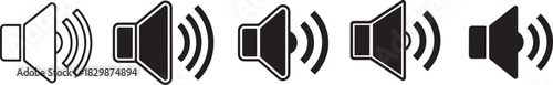Set of black and outline sound volume icons, speaker symbols with waves, audio control interface elements, media player signs, flat design vector illustration. Vector
