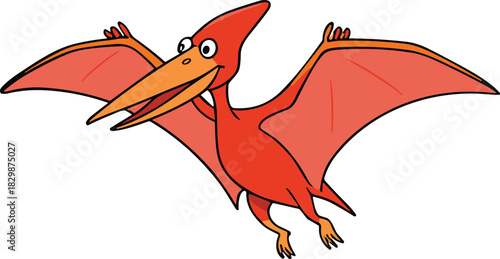Cartoon red pterodactyl flying, prehistoric dinosaur, bright wings, expressive eyes, children’s illustration, fun reptile, educational, fantasy, extinct creature, Jurassic