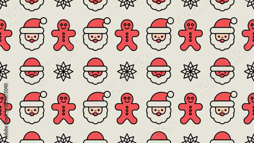 Seamless pattern with santa claus faces gingerbread men and snowflakes on a light beige background