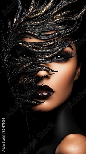 Woman's face is partially covered by decorative black feathers with golden glitter against a stark black background.