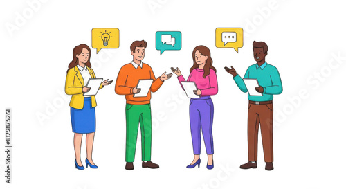 Diverse group of people communicating with speech bubbles isolated on transparent background
