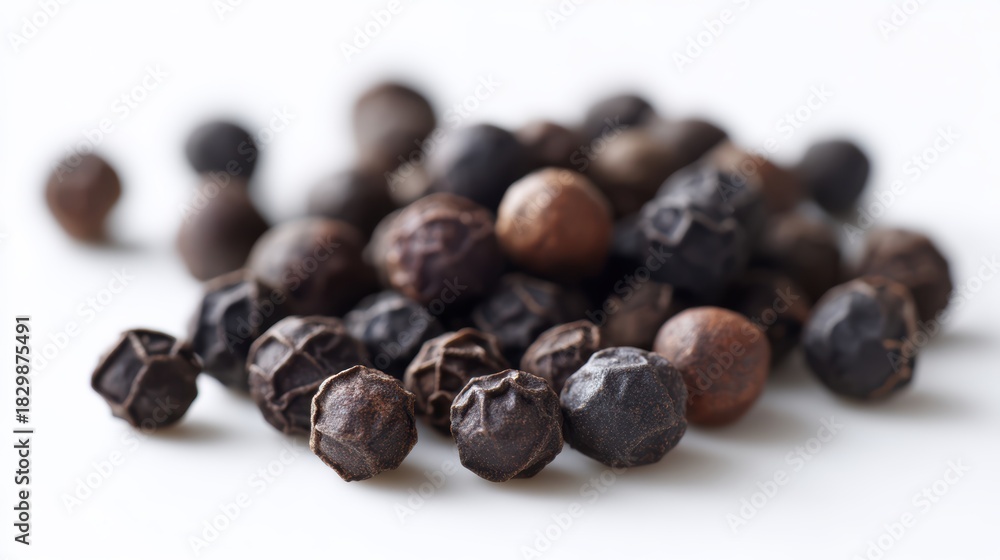 Fototapeta premium black pepper seeds, close-up pile, isolated on white, fresh and realistic