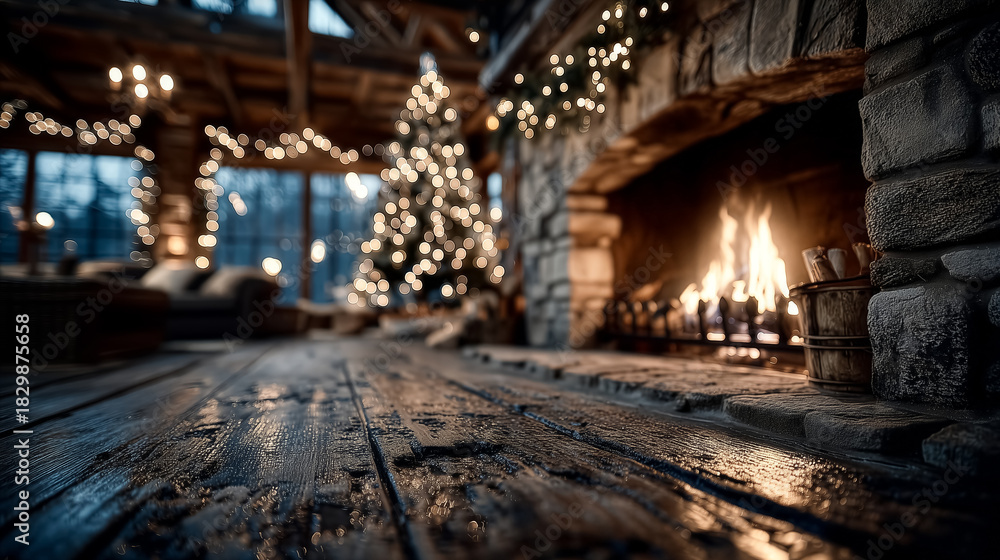 Fototapeta premium Warm fire burns in stone fireplace creating cozy atmosphere in rustic cabin. Christmas tree adorned with lights stands nearby. Concept of holiday gatherings, winter retreats, home decor