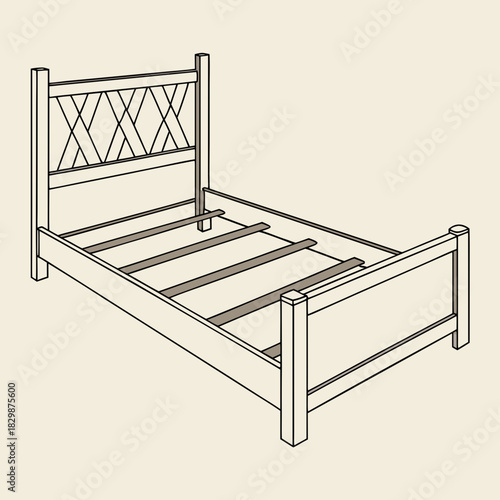 A simple line drawing illustration of a wooden bed frame with a decorative crisscross headboard and wooden slats for mattress support on a light beige background