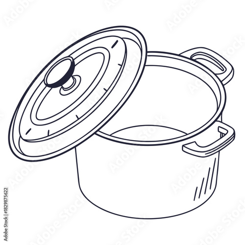 A simple line drawing illustration of a dutch oven with its lid slightly ajar showcasing its round shape and handles isolated on a white background for easy use