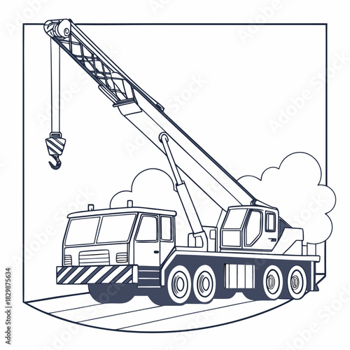 A detailed line art illustration of a mobile crane with its boom extended and hook lowered set against a backdrop of stylized clouds and a ground surface