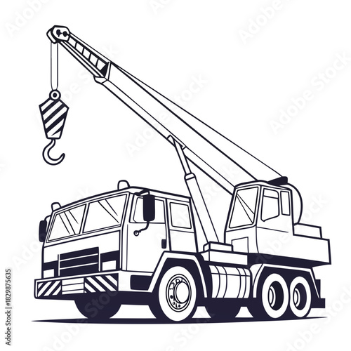 A stylized black and white illustration of a heavy duty mobile crane truck with its boom extended and hook hanging ready for lifting heavy loads on a construction site