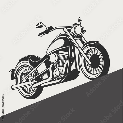 A stylized black and white illustration of a classic cruiser motorcycle with chrome accents depicted on a light background with a dark foreground slope