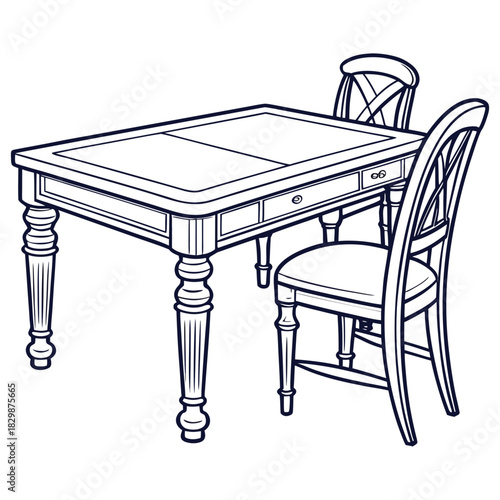 A detailed line drawing illustration of a classic wooden dining table with two chairs showcasing ornate legs and a drawer with a knob