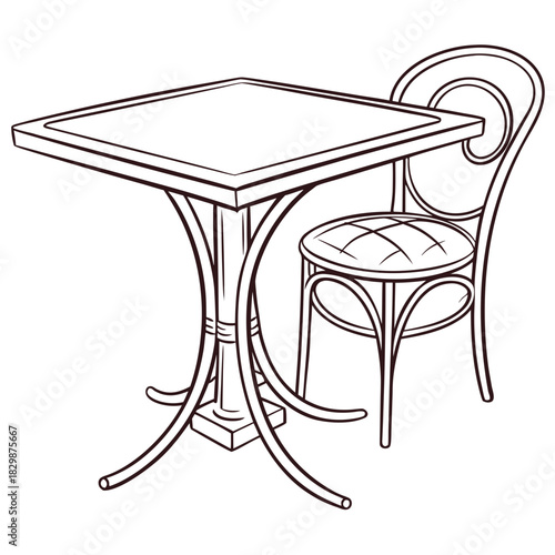 A simple line drawing of a square cafe table with a single chair beside it perfect for illustrating parisian bistros or outdoor seating areas
