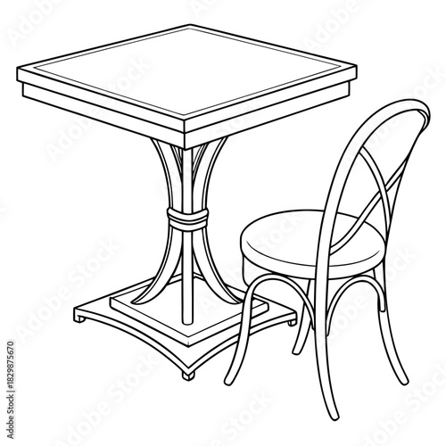 A simple black and white line drawing of a square bistro table with a curved leg pedestal and a single matching chair with a rounded seat and curved back