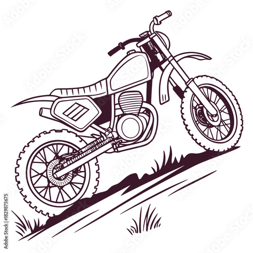 A stylized outline drawing of a dirt bike or motocross motorcycle with knobby tires depicted on a grassy incline suggesting off road adventure and extreme sports