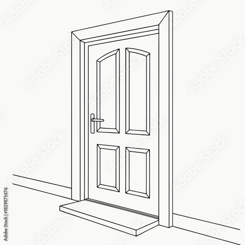 A simple line drawing of a closed four panel interior door with a metal handle and a threshold on a white background